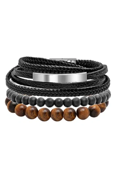 Hmy Jewelry Mens' Multi-strand Bead & Braided Leather Bracelet In Silver/ Black/ Brown