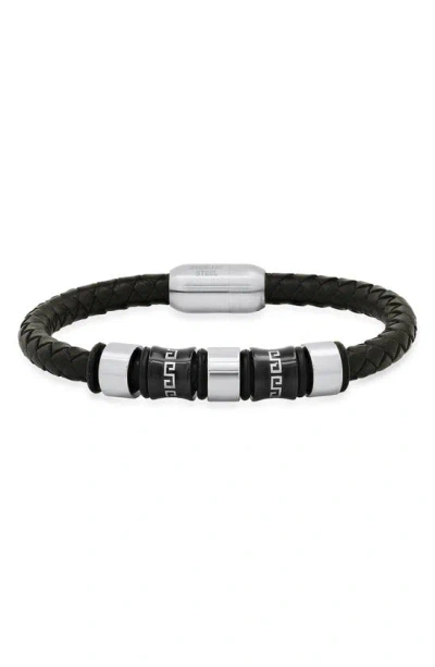 Hmy Jewelry Mens' Two-tone Braided Leather Bracelet In Silver/ Black