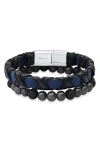 Hmy Jewelry Stainless Steel Wrapped Leather & Lava Rock Beaded Bracelet Set In Silver/black/blue