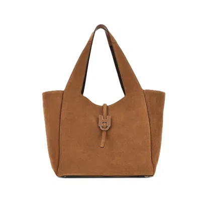 Hogan Brown Suede Metal-clasp Tote Bag