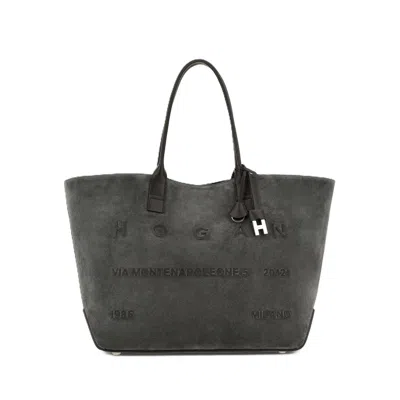 Hogan Charcoal Suede Embossed Leather Tote Bag In Grey