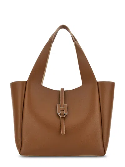 Hogan H-buckle Calfskin Structured Tote Bag In Brown
