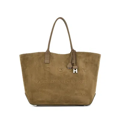 Hogan Suede Leather Base Embossed Tote Bag In Beige