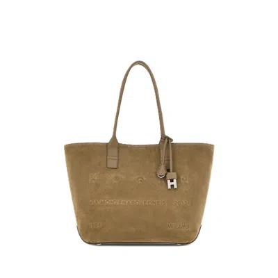 Hogan Suede Leather Base Embossed Tote Bag In Beige