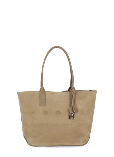 Hogan Suede Leather Tote Bag With Elegant Accents In Beige