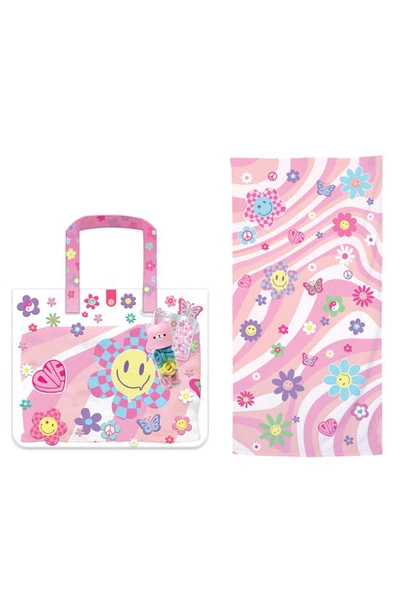Hot Focus Kids' Beach Fashion Groovy Flower Bag & Hair Ties In Pink Multi