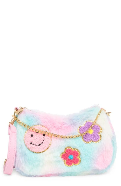 Hot Focus Kids' Groovy Flowery Smiley Faux Fur Crossbody In Pink Multi