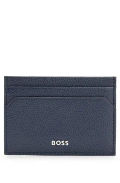 Hugo Boss Grained-leather Card Holder With Logo Lettering In Dark Blue