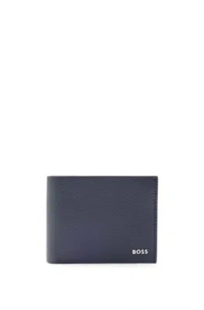 Hugo Boss Grained-leather Wallet With Silver-tone Logo Lettering In Dark Blue