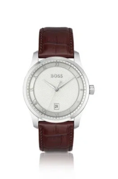 Hugo Boss Leather-strap Watch With Silver-white Patterned Dial Men's Watches In Assorted-pre-pack