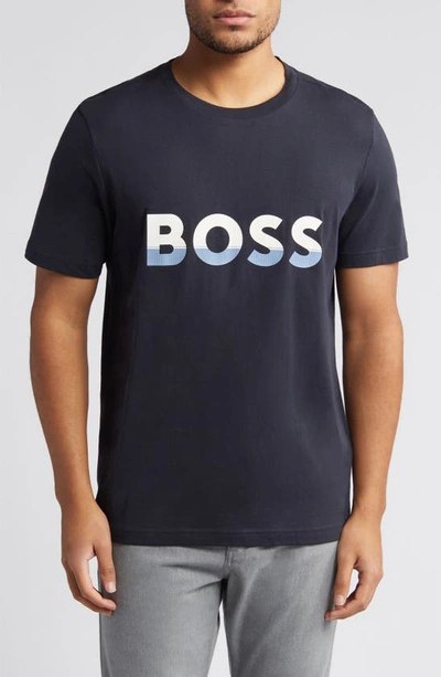 Hugo Boss Logo Crewneck Cotton T-shirt In Dark Blue