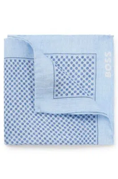 Hugo Boss Printed Pocket Square In Linen And Cotton In Light Blue