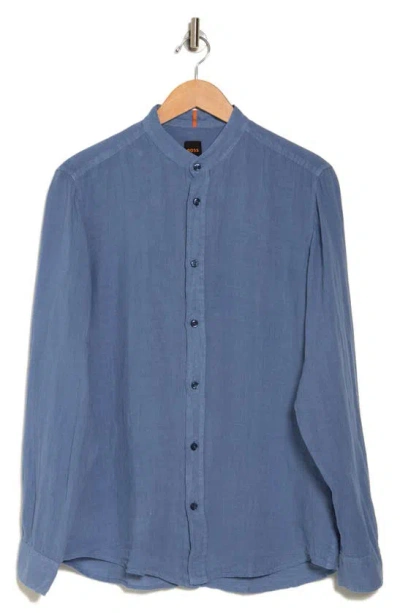 Hugo Boss Race Band Collar Linen Button-up Shirt In Bright Blue