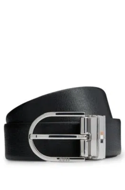 Hugo Boss Reversible Italian-leather Belt With Signature-stripe Keeper In Black