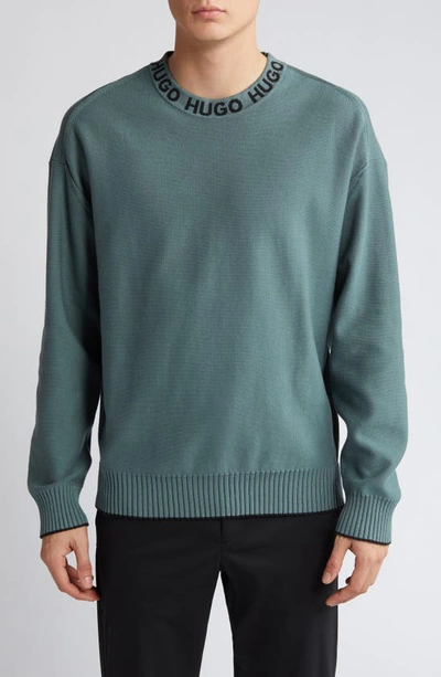 Hugo Boss Smarlo Oversize Logo Collar Crewneck Sweater In Dark Green