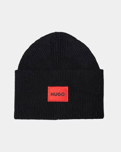 Hugo Boss Xaff 6 Mens Knitted Beanie Hat With Ribbing And Red Logo Label In Black 001