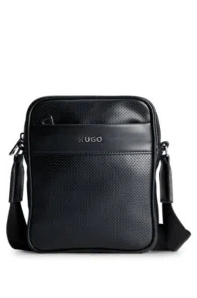 Hugo Logo-lettering Mini Reporter Bag In Perforated Faux Leather In Black