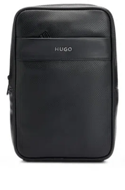 Hugo Logo-trim Backpack In Perforated Faux Leather In Black