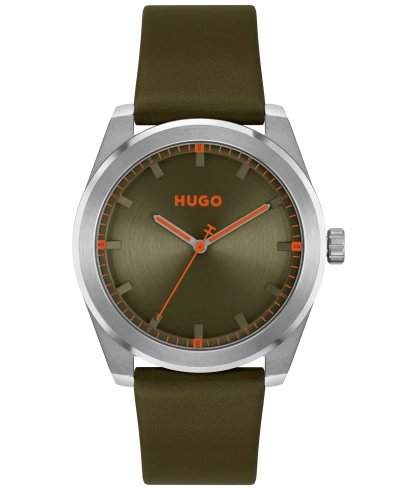 Hugo Men's Bright Quartz Olive Leather Watch 42mm In Green