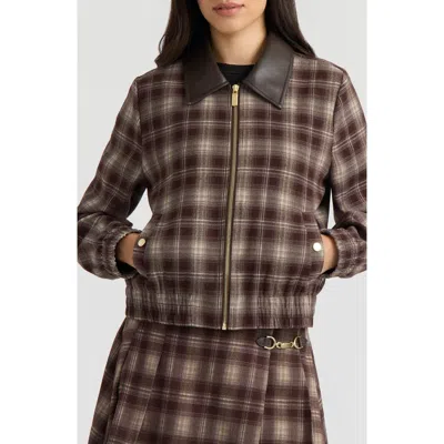 Hunter Plaid Faux Leather Collar Bomber Jacket In Brown