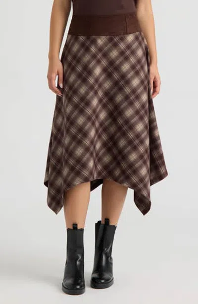 Hunter Plaid Handkerchief Hem Midi Skirt In Brown