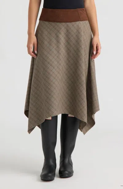 Hunter Plaid Handkerchief Hem Midi Skirt In Brown