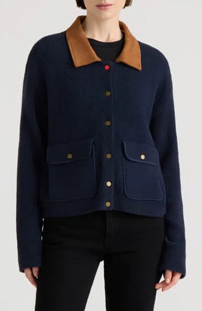 Hunter Quilted Stitch Sweater Jacket With Faux Suede Collar In Black