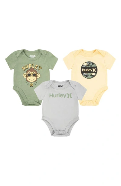 Hurley Babies' Assorted 3-pack Bodysuits In Wolf Gray/ Sun/ Aloe Green