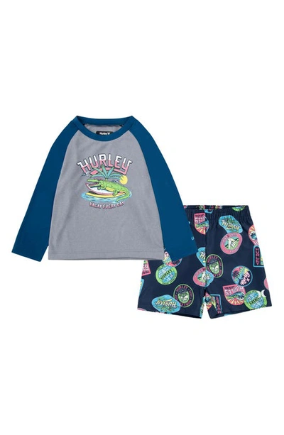 Hurley Babies'  Travel Patch Upf 50+ Rashguard T-shirt & Board Shorts Set In Blue Force