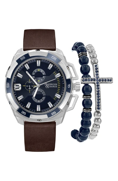 I Touch Chronograph Quartz Leather Strap Watch & Bracelet Set In Blue