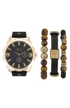 I Touch Three Hand Quartz Leather Strap Watch & Bracelet Set In Black/ Gold