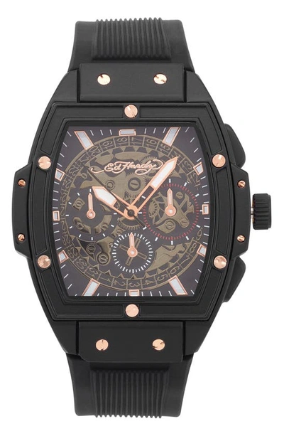 I Touch Ed Hardy Tonneau Three Hand Quartz Silicone Strap Watch, 48mm In Black