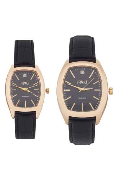 I Touch Jones New York Two-piece Diamond Accent Tonneau Faux Leather Strap Watch His & Hers Set In Black