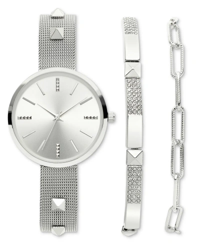 Inc International Concepts Women's Studded Stainless Steel Mesh Bracelet Watch 37mm Gift Set, Created For Macy's In Silver