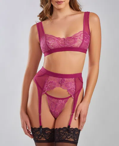 Icollection Ruby Plus Size Soft Cup Bralette, Garter And Lace Panty Set, 3 Piece In Wine