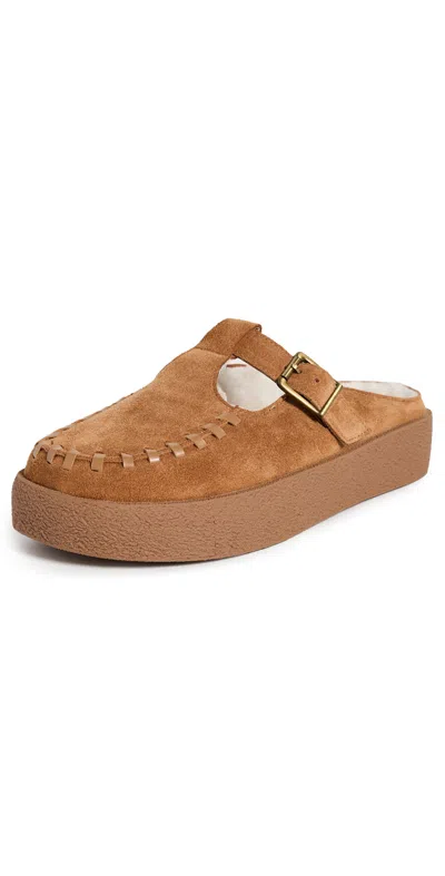 Intentionally Blank Suede Faux Fur Text Message Mules Whiskey In Brown