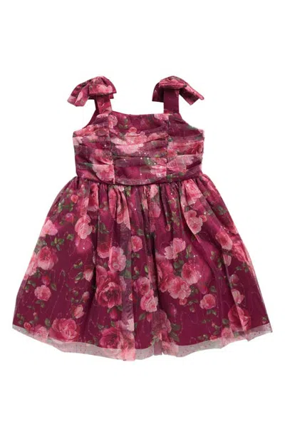 Iris & Ivy Kids' Shirred Floral Dress With Bows In Burgundy