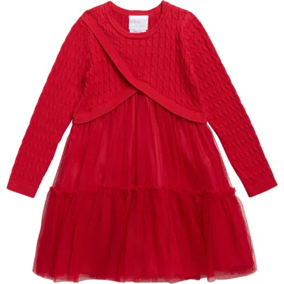 Iris & Ivy Kids' Tiered Mesh Long Sleeve Sweater Dress In Red