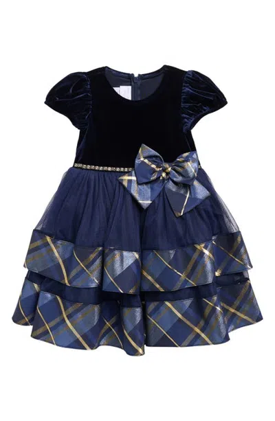 Iris & Ivy Kids' Velvet & Tiered Plaid Dress In Blue
