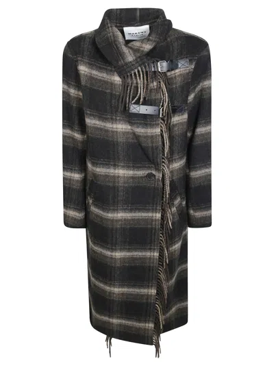 Isabel Marant Gihan-gc Plaid Asymmetrical Fringed Wool-blend Coat In Black