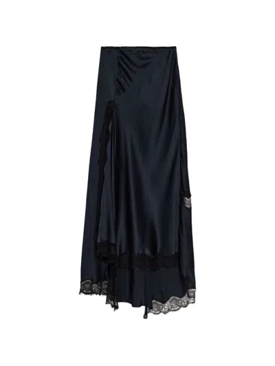 Isabel Marant Navy Lace-insert Silk Maxi Skirt In Blue