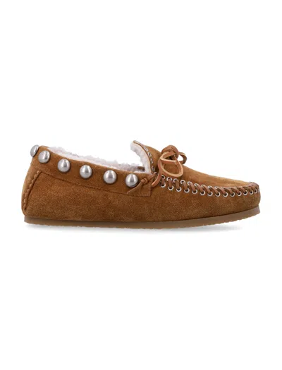 Isabel Marant Shearling-lined Studded Moccasin Flats In Cognac