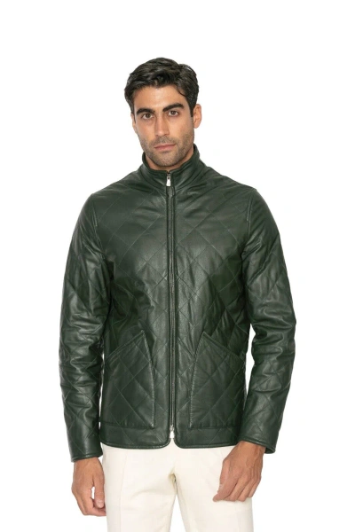 Pre-owned Isaia 5800$  "aqualeather" Noble Green Quilted Jacket Coat Calfskin 40 Us / 50 Eu