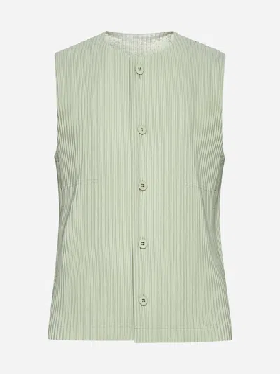 Issey Miyake Pleated Fabric Buttoned Top In Light Jade Green