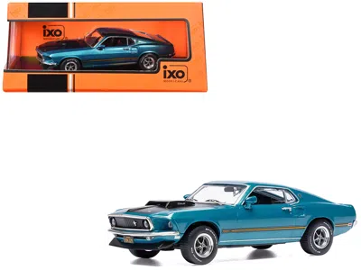 Ixo 1969 Ford Mustang Mach 1 Blue Metallic With Matt Black Hood And Yellow Stripes 1/43 Diecast Model Ca