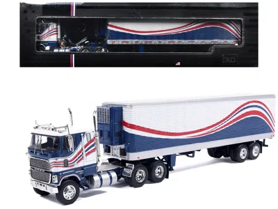 Ixo 1976 Ford Cl 9000 Truck With Refrigerated Trailer Blue And White With Stripes 1/64 Diecast Model Car