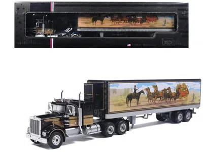 Ixo Kenworth W900 Truck With Refrigerated Trailer Black With Tan Stripes And Trailer Graphics 1/64 Dieca