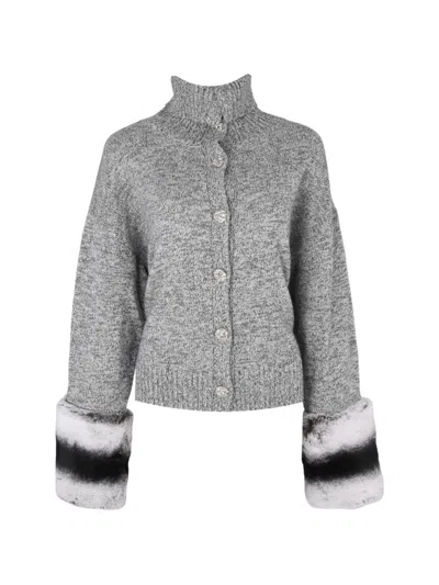 Izaak Azanei Faux-fur-cuff Button-down Cardigan In Gold