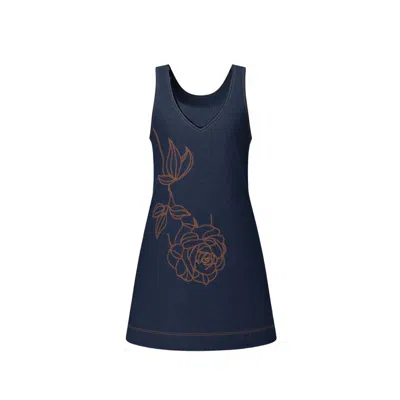 Izabela Mandoiu Women's Dark Blue Denim Mini Pinafore Dress With Copper Floral Embroidery