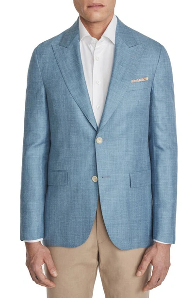 Jack Victor Marcus Soft Constructed Wool, Silk & Linen Herringbone Blazer In Light Blue